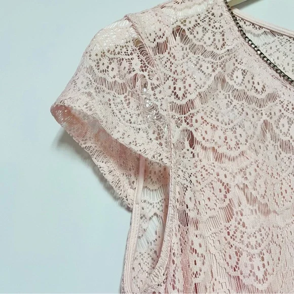 Jessica Simpson Lace Midi Dress Size 8 Blush Pink Scalloped Chain Collar Belted - Picture 6 of 16